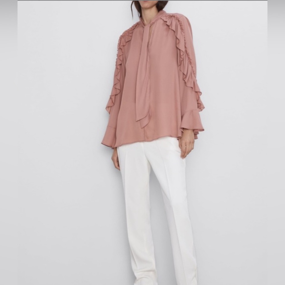 NWT ZARA Long-Sleeved Ruffled Bow Blouse Sz LG